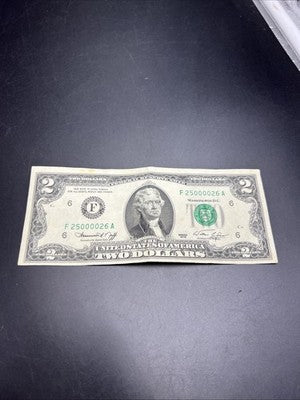 1976 $2 Bicentennial Federal Reserve Note VF Semi Radar Serial #25000026