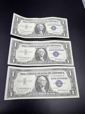 3 Consecutive 1957 $1 One Dollar US Silver Certificate Blue Seal Bills CH VF #85