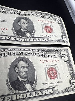 Lot of 3 1963 $5 USN United States Notes Red Seal Bills Fine / VF Circ #632