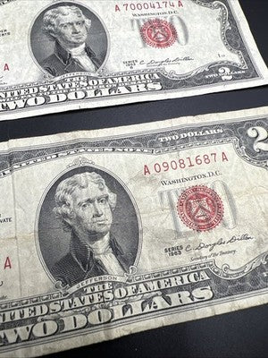 Lot of 4 1963 1953 $2 USN Red Seal Notes Average Circ Red Seal Bills #687