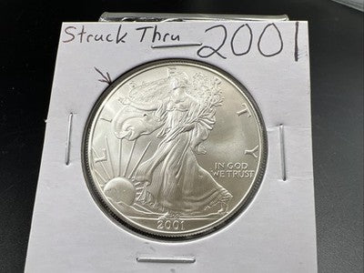 2001 1 Oz ASE American Silver Eagle Coin Gem BU UNC Struck Thru Error Obverse