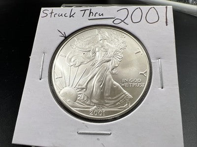 2001 1 Oz ASE American Silver Eagle Coin Gem BU UNC Struck Thru Error Obverse