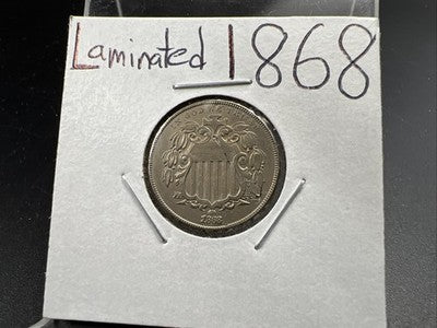 1868 5c Shield Nickel Coin Major Lamination Error Obverse AU About UNC