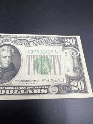 1934 $20 FRN Mule Federal Reserve Note Fine Circ Philadelphia District #25