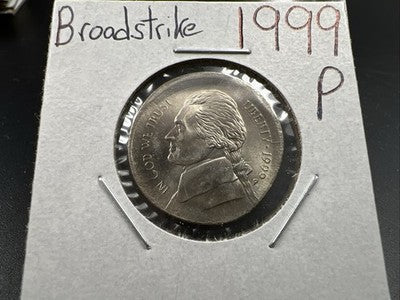 Large Centered Broadstrike 1999 P 5c Jefferson Error Nickel Gem BU Full Steps