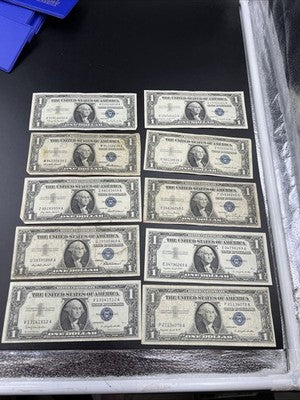Lot of 10 1957 / 1935 $1 One Dollar Silver Certificate Blue Seal Notes VG + #512