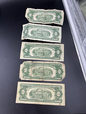 Lot of 5 1963 1953 $2 Two Dollar Red Seal USN Notes Very Circulated Damage #52