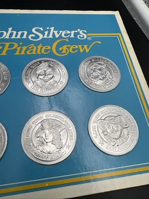 Long John Silver's Pirate Crew 8 Medallion Token Set UNC in Display Card SK#A