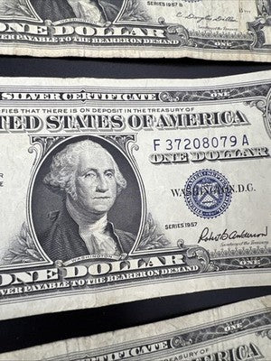 Lot of 7 Circ 1957 $1 One Dollar US Silver Certificates Blue Seal Notes #165
