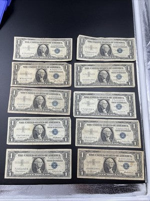 Lot of 10 VERY CIRC 1957 1935 $1 Dollar Silver Certificate Blue Seal Notes #49