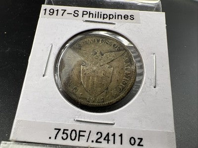 1917 S Philppines 50 Centavos Silver Coin Good / VG Very Good Circ