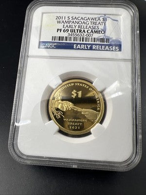 2011 S Sacagawea Wampanoag Treaty Native Brass Dollar Coin NGC PF69 UCAM #007