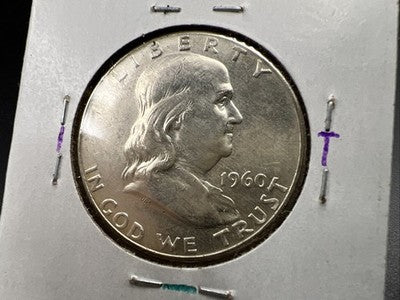1960 P Franklin Half Dollar Silver Coin Choice BU UNC Neat Toning Reverse #C