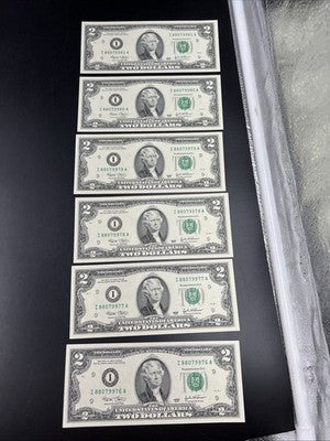 6 Consecutive 2003 $2 FRN Federal Reserve Notes Neat Serial Numbers #88