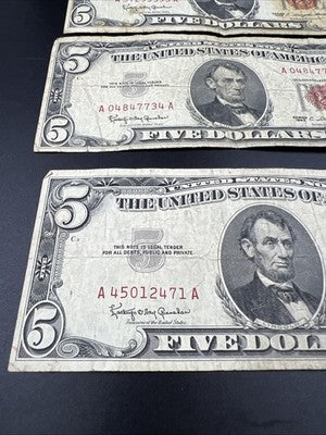 Lot of 9 1963 1953 $5 Five Dollar USN United States Notes Well Circulated #79