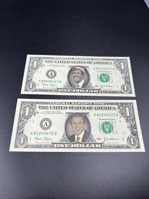 Lot of 2 2003 US $1 FRN UNC Details Bush Kerry Portrait Overlay 2004 Election
