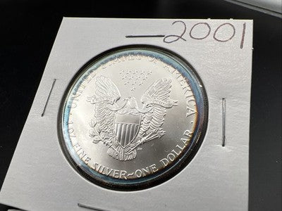 2001 1 Oz ASE American Silver Eagle Coin Gem BU UNC Perfect Halo Toner Toning