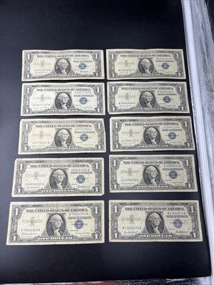 Lot of 10 1957 $1 One Dollar Silver Certificate Blue Seal Notes G / VG #549