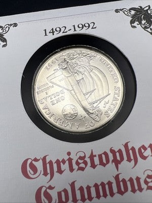 1992 D Christopher Columbus 90% Silver Dollar Coin in FDOI Stamp Pack
