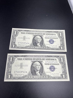 2 Consecutive 1957 B $1 One Dollar Silver Certificates CH AU / UNC #43