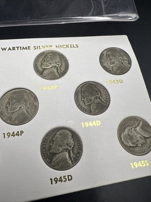 1942 1943 1944 1945 Complete 11 Coin US 35% Silver War Nickel Coin Set in Card J