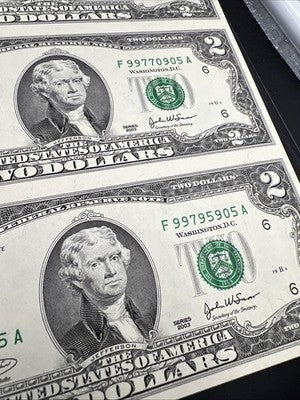 4 Note Souvenir Sheet 2003 US $2 Two Dollar FRN Federal Reserve Notes in Book #A