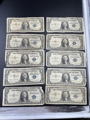Lot of 10 VERY CIRC 1957 1935 $1 Dollar Silver Certificate Blue Seal Notes #94