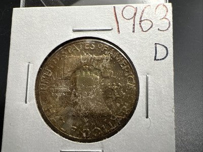 1963 D Franklin Half Dollar Silver Coin Choice BU UNC Neat Toning Reverse #B
