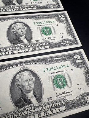 5 Consecutive 2003 $2 FRN Federal Reserve Notes Neat Serial Numbers #336