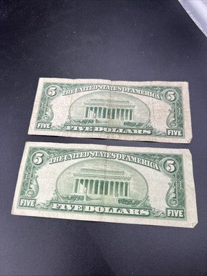 2 Note Lot 1934 1953 $5 Five Dollar Silver Certificate Fancy Serial #s G / VG