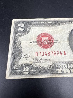 1928 C $2 USN United States Note Red Seal Fine Details Corner Tear #94