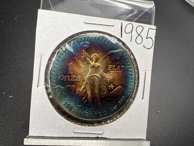 1985 Mexico Libertad 1 Oz Silver Coin Monster Toning Toner PQ Blue Rainbo Gem BU