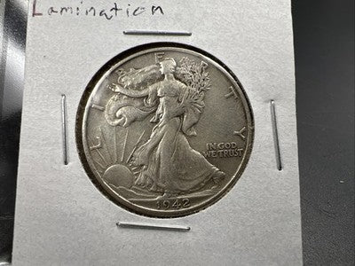 1942 50c Walking Liberty Silver Half Dollar Coin OBV Lamination VF Circ