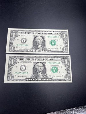 2 Consecutive 2017 A $1 FRN Federal Reserve Notes CH UNC Repeat Serial #58255585