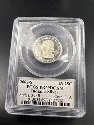 2002 S Proof Silver Indiana Statehood Quarter Coin PCGS PR69 DCAM #338