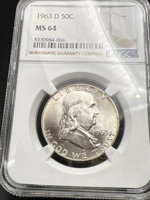 1963 D 50c Frankling Silver Half Dollar Coin NGC MS64 #004 CH BU Certified