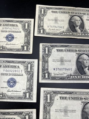 Lot of 7 1935 $1 One Dollar Silver Certificate Blue Seal Notes Fine / VF Circ #7