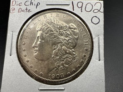 1902 O $1 Morgan Silver Dollar Coin Die Chip Error AU About UNC