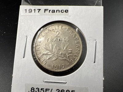 1917 France 2 Francs Silver Coin Choice EF XF Extra Fine Circ
