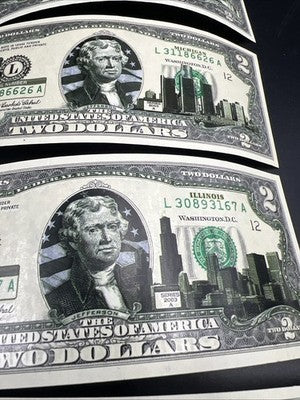 Lot of 4 2003 A $2 FRN US State Colorized Bills Michigan Illinois North Dakota +