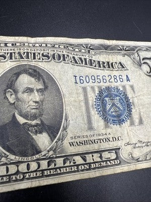 1934 A $5 Five Dollar Silver Certificate Choice VG Very Good Circ