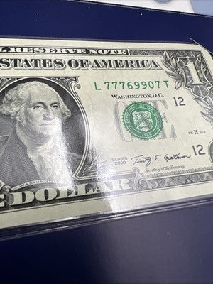 2009 $1 FRN Lucky Serial #77769907 Federal Reserve Note CH UNC in Display Folder