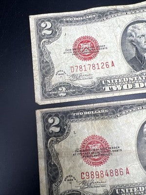 Lot of 5 1928 $2 USN United States Note Red Seal Bills G / VG Circ #39