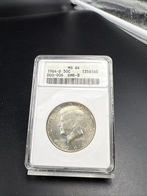 1964 D Kennedy FS-106 Half Dollar Coin Double Die Obverse DDO 006 ANACS MS64 #65