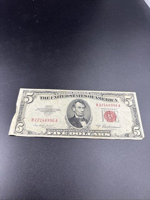 1953 A $5 USN United States Note Red Seal Bill Neat Serial # VG Circ #996