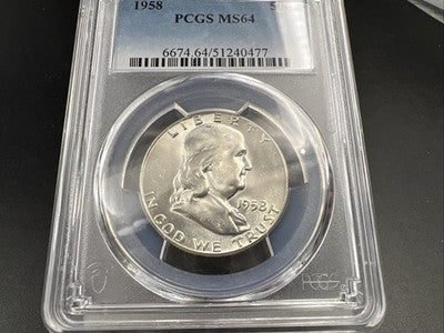 1958 P 50c Franklin Silver Half Dollar Coin PCGS MS64 CH BU Reverse Toner #77