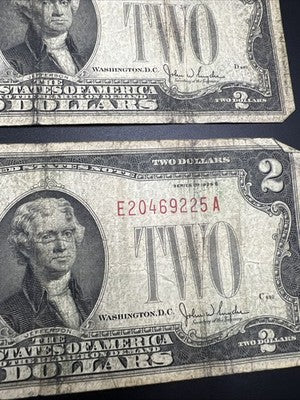 Lot of 5 1928 $2 Two Dollar USN United States Notes Red Seal Very Circulated #25