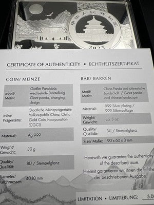 2023 30 g Silver Panda Coin in 3 Oz .999 Silver Display Metal Card Proof