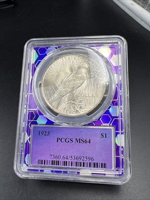 1923 P Peace Silver Dollar Coin PCGS MS64 CH BU UNC Purple holder Some Toning