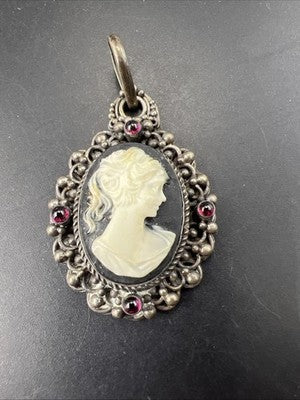 Carved Antique Wax Cameo in Sterling Silver w/ Stones Necklace Pendant 17.3 Gs